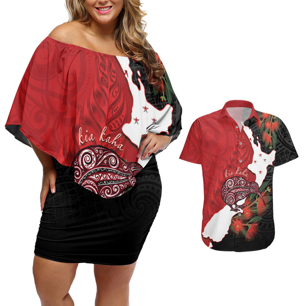 Kiwi New Zealand Personalised Couples Matching Off Shoulder Short Dress and Hawaiian Shirt NZ Map Pohutukawa Fern Maori Pattern