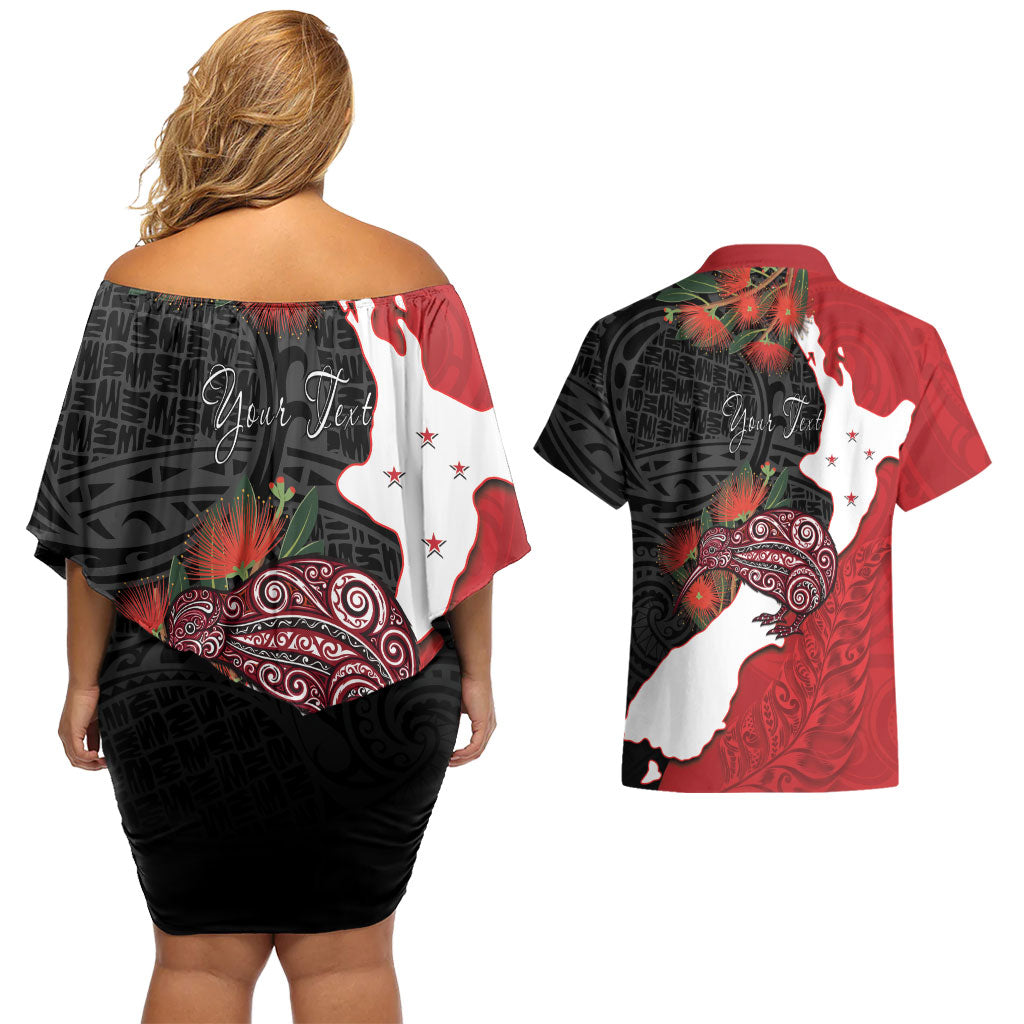 Kiwi New Zealand Personalised Couples Matching Off Shoulder Short Dress and Hawaiian Shirt NZ Map Pohutukawa Fern Maori Pattern