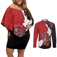 Kiwi New Zealand Personalised Couples Matching Off Shoulder Short Dress and Long Sleeve Button Shirt NZ Map Pohutukawa Fern Maori Pattern LT22 Red - Polynesian Pride