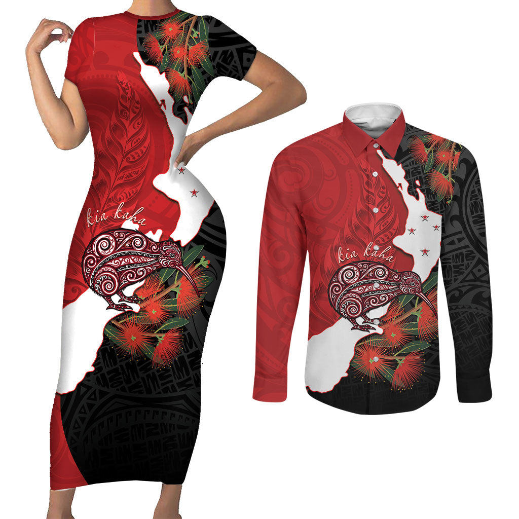 Kiwi New Zealand Personalised Couples Matching Short Sleeve Bodycon Dress and Long Sleeve Button Shirt NZ Map Pohutukawa Fern Maori Pattern LT22 Red - Polynesian Pride
