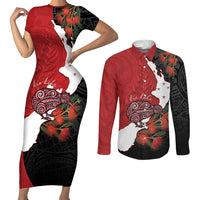 Kiwi New Zealand Personalised Couples Matching Short Sleeve Bodycon Dress and Long Sleeve Button Shirt NZ Map Pohutukawa Fern Maori Pattern