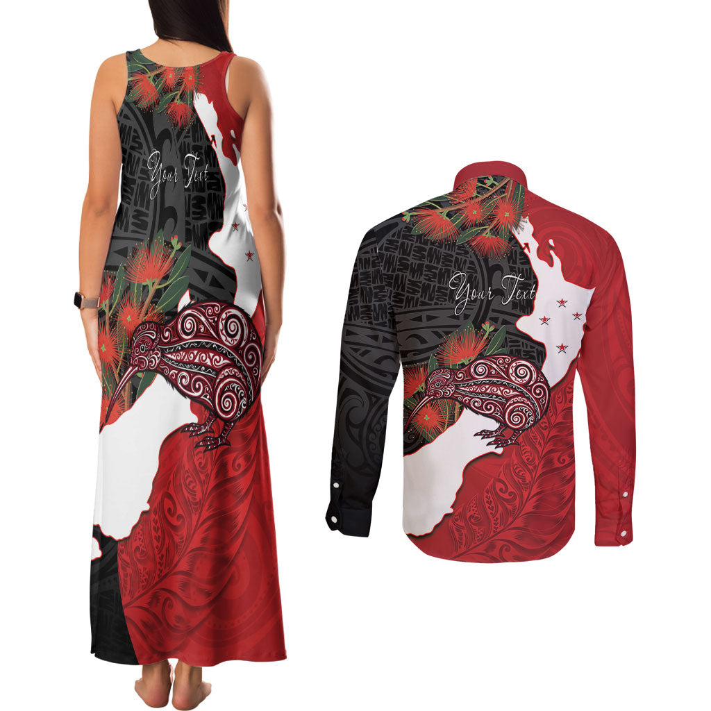 Kiwi New Zealand Personalised Couples Matching Tank Maxi Dress and Long Sleeve Button Shirt NZ Map Pohutukawa Fern Maori Pattern LT22 - Polynesian Pride