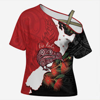 Kiwi New Zealand Personalised Cross Shoulder Shirt NZ Map Pohutukawa Fern Maori Pattern LT22 Female Red - Polynesian Pride