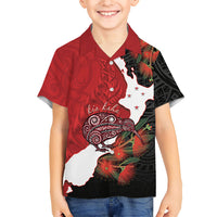 Kiwi New Zealand Personalised Family Matching Mermaid Dress and Hawaiian Shirt NZ Map Pohutukawa Fern Maori Pattern LT22 Son's Shirt Red - Polynesian Pride