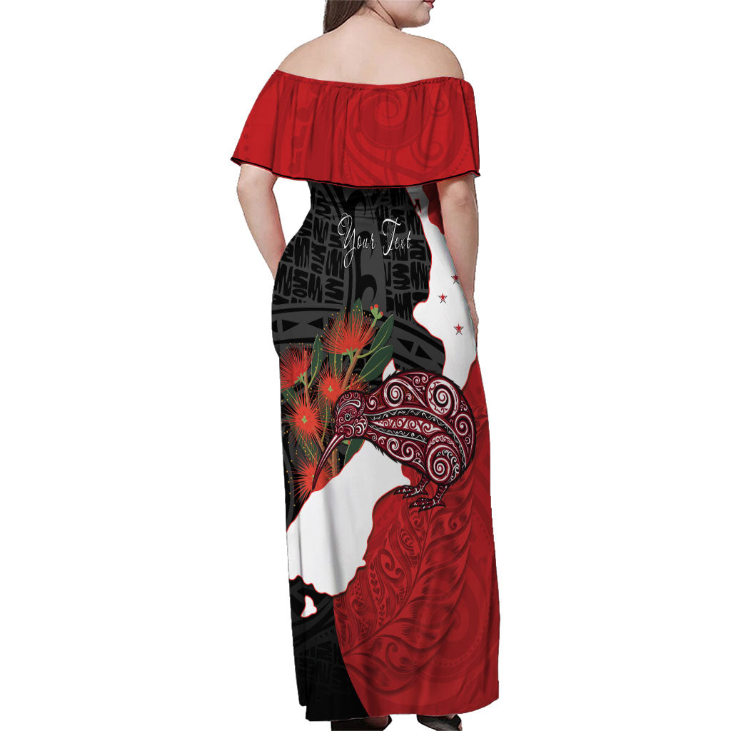 Kiwi New Zealand Personalised Family Matching Off Shoulder Maxi Dress and Hawaiian Shirt NZ Map Pohutukawa Fern Maori Pattern LT22 - Polynesian Pride