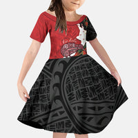 Kiwi New Zealand Personalised Family Matching Off Shoulder Short Dress and Hawaiian Shirt NZ Map Pohutukawa Fern Maori Pattern LT22 Daughter's Dress Red - Polynesian Pride