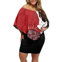 Kiwi New Zealand Personalised Family Matching Off Shoulder Short Dress and Hawaiian Shirt NZ Map Pohutukawa Fern Maori Pattern LT22 Mom's Dress Red - Polynesian Pride