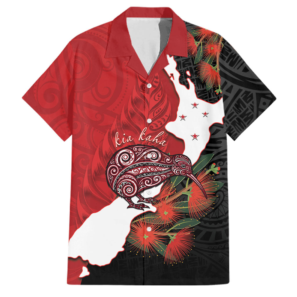 Kiwi New Zealand Personalised Family Matching Short Sleeve Bodycon Dress and Hawaiian Shirt NZ Map Pohutukawa Fern Maori Pattern LT22 Dad's Shirt - Short Sleeve Red - Polynesian Pride