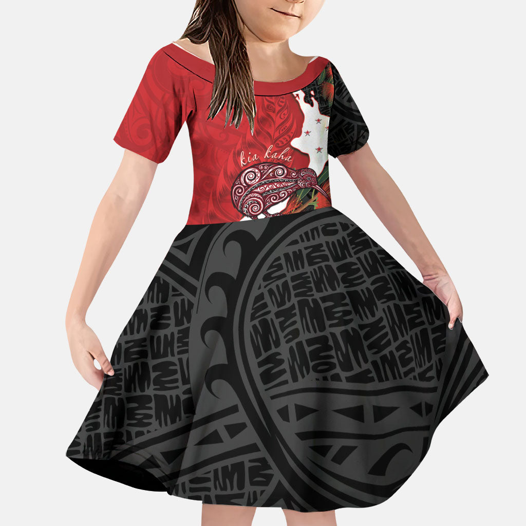 Kiwi New Zealand Personalised Family Matching Summer Maxi Dress and Hawaiian Shirt NZ Map Pohutukawa Fern Maori Pattern LT22 Daughter's Dress Red - Polynesian Pride
