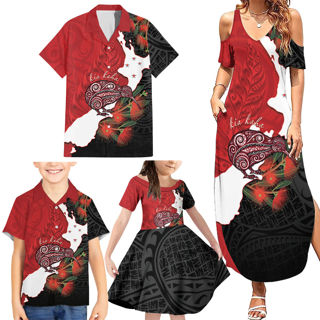 Kiwi New Zealand Personalised Family Matching Summer Maxi Dress and Hawaiian Shirt NZ Map Pohutukawa Fern Maori Pattern LT22 - Polynesian Pride