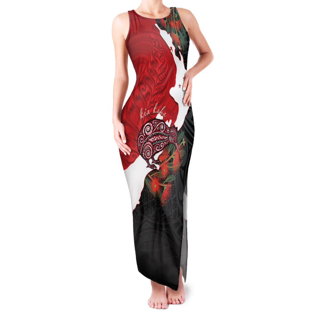 Kiwi New Zealand Personalised Family Matching Tank Maxi Dress and Hawaiian Shirt NZ Map Pohutukawa Fern Maori Pattern LT22 Mom's Dress Red - Polynesian Pride