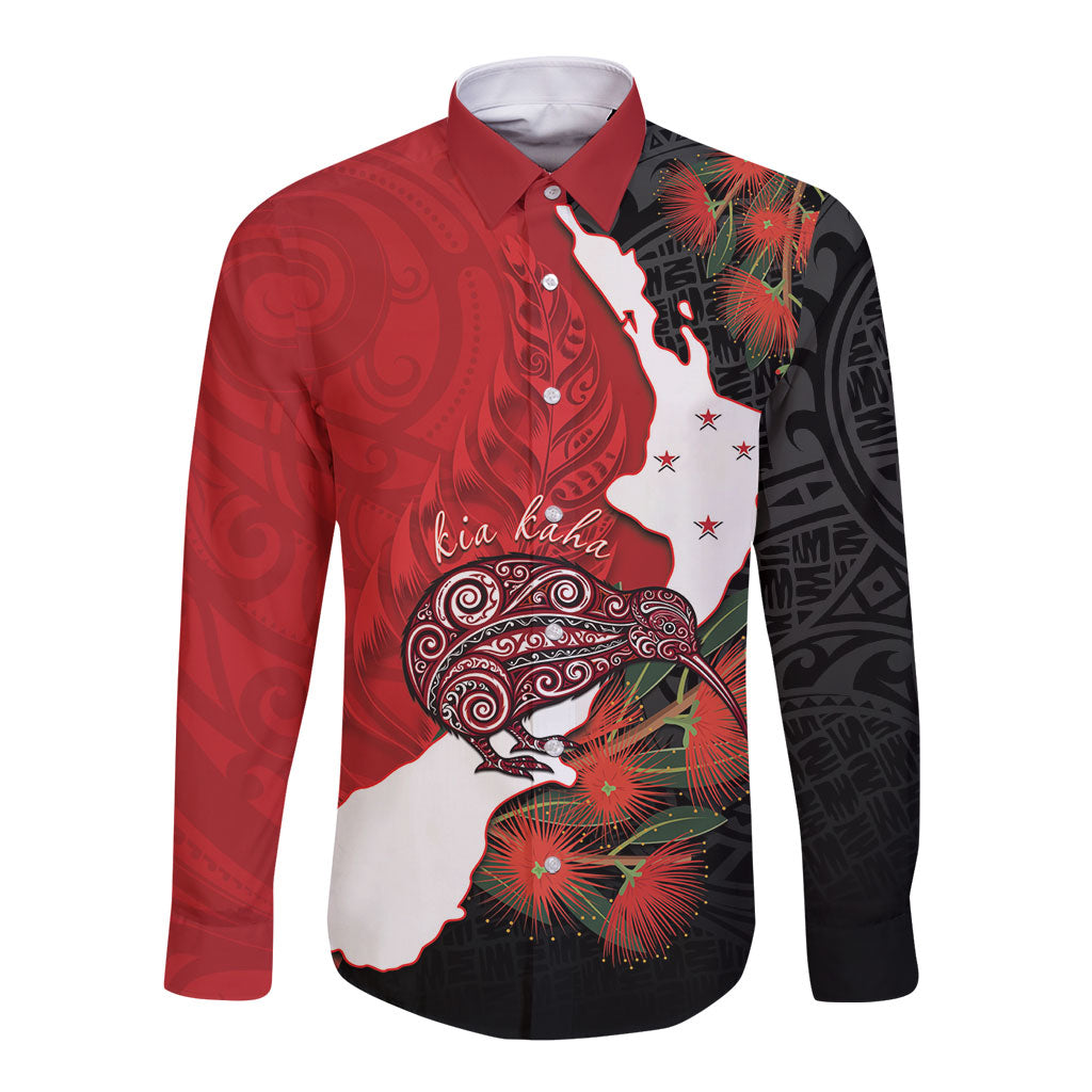 Kiwi New Zealand Personalised Long Sleeve Button Shirt NZ Map Pohutukawa Fern Maori Pattern LT22 Unisex Red - Polynesian Pride