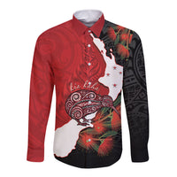 Kiwi New Zealand Personalised Long Sleeve Button Shirt NZ Map Pohutukawa Fern Maori Pattern
