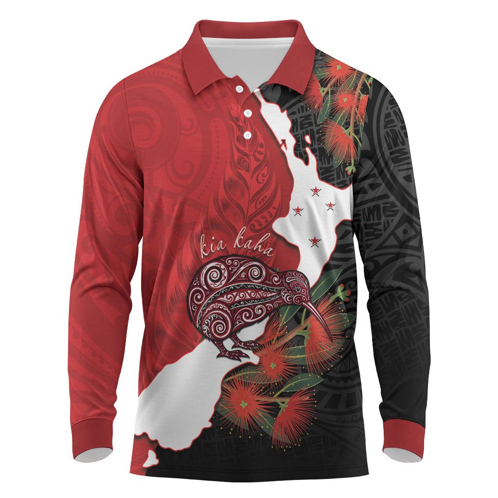 Kiwi New Zealand Personalised Long Sleeve Polo Shirt NZ Map Pohutukawa Fern Maori Pattern LT22 Red - Polynesian Pride