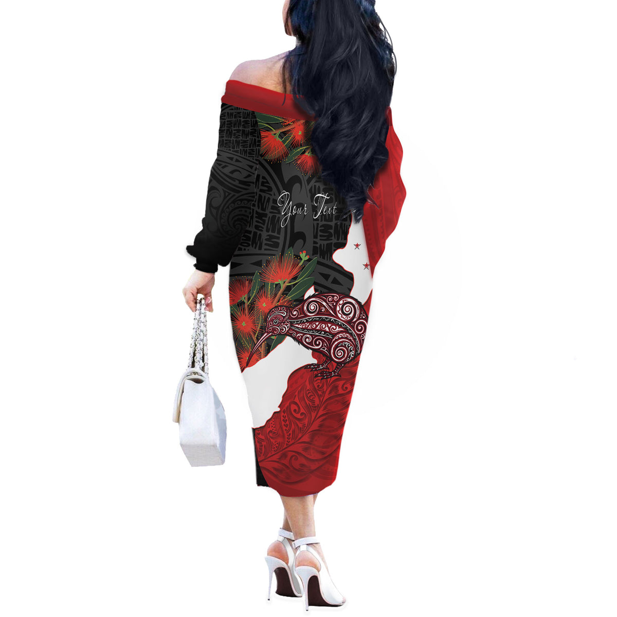 Kiwi New Zealand Personalised Off The Shoulder Long Sleeve Dress NZ Map Pohutukawa Fern Maori Pattern LT22 - Polynesian Pride