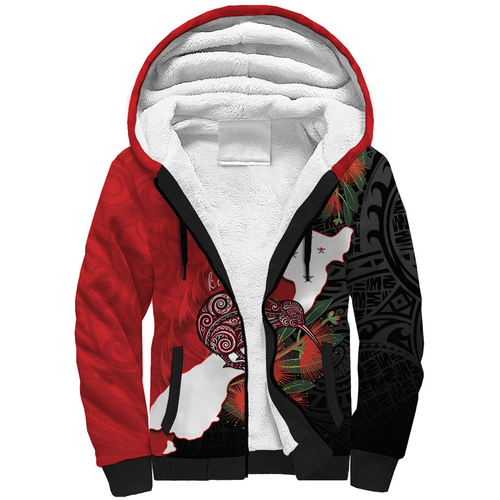Kiwi New Zealand Personalised Sherpa Hoodie NZ Map Pohutukawa Fern Maori Pattern LT22 Unisex Red - Polynesian Pride