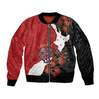 Kiwi New Zealand Personalised Sleeve Zip Bomber Jacket NZ Map Pohutukawa Fern Maori Pattern LT22 Unisex Red - Polynesian Pride