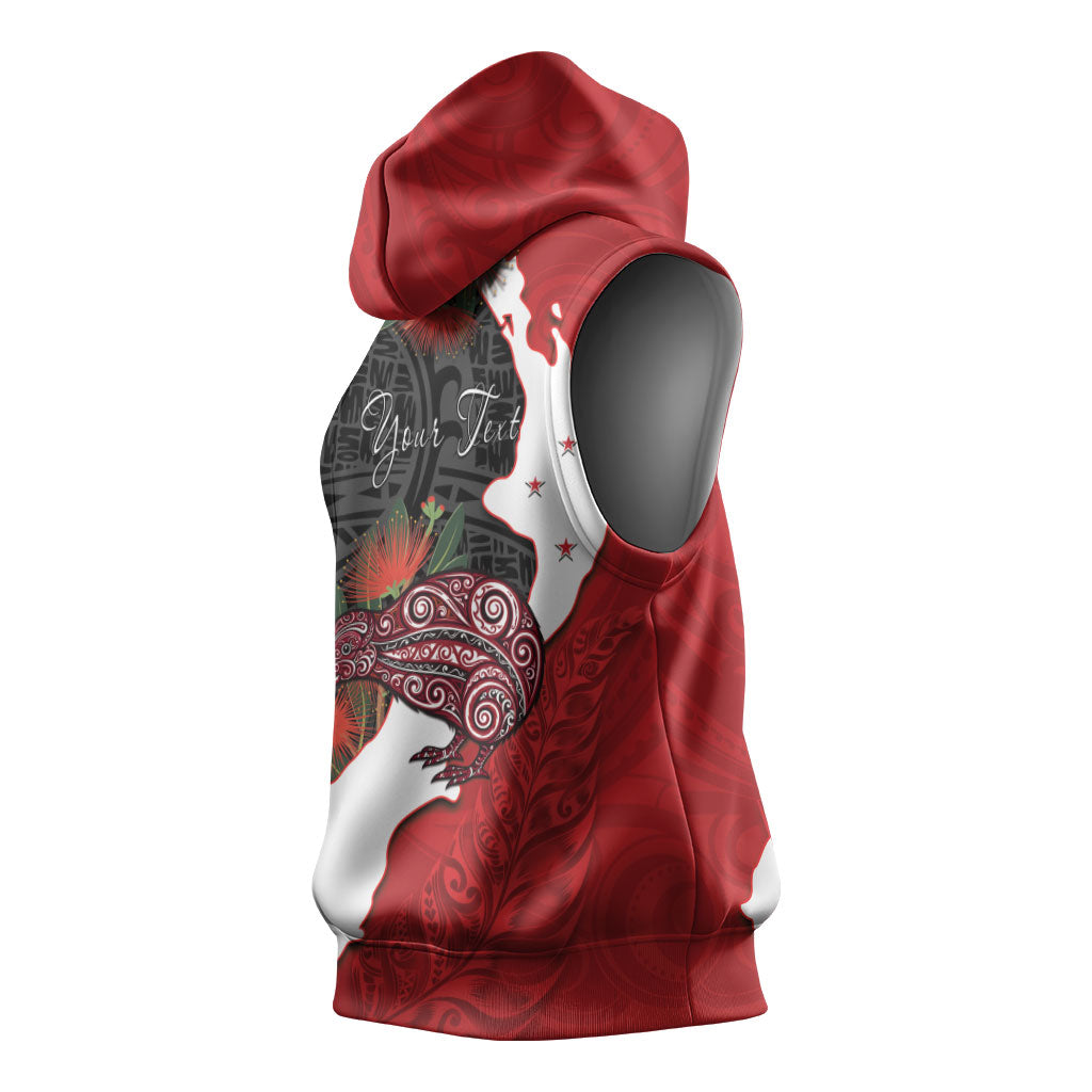 Kiwi New Zealand Personalised Sleeveless Hoodie NZ Map Pohutukawa Fern Maori Pattern LT22 - Polynesian Pride