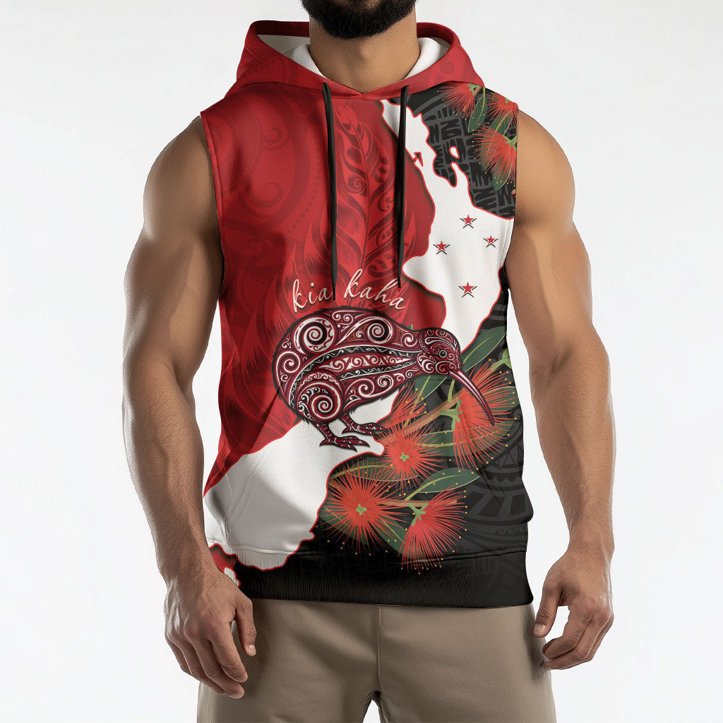 Kiwi New Zealand Personalised Sleeveless Hoodie NZ Map Pohutukawa Fern Maori Pattern LT22 - Polynesian Pride