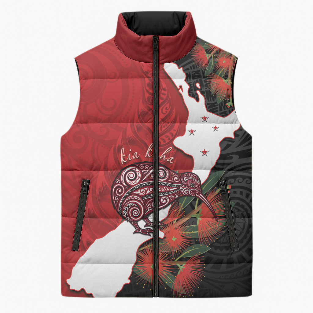 Kiwi New Zealand Personalised Sleeveless Puffer Jacket NZ Map Pohutukawa Fern Maori Pattern LT22 Unisex Red - Polynesian Pride