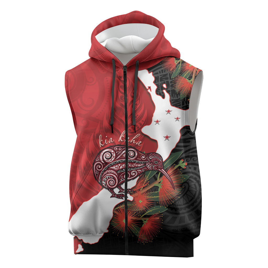 Kiwi New Zealand Personalised Sleeveless Zip Hoodie NZ Map Pohutukawa Fern Maori Pattern LT22 Red - Polynesian Pride