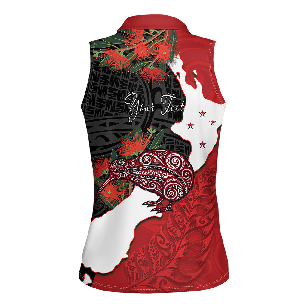 Kiwi New Zealand Personalised Women Sleeveless Polo Shirt NZ Map Pohutukawa Fern Maori Pattern