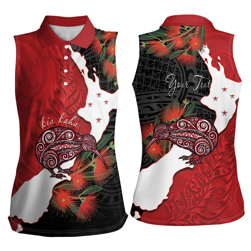 Kiwi New Zealand Personalised Women Sleeveless Polo Shirt NZ Map Pohutukawa Fern Maori Pattern