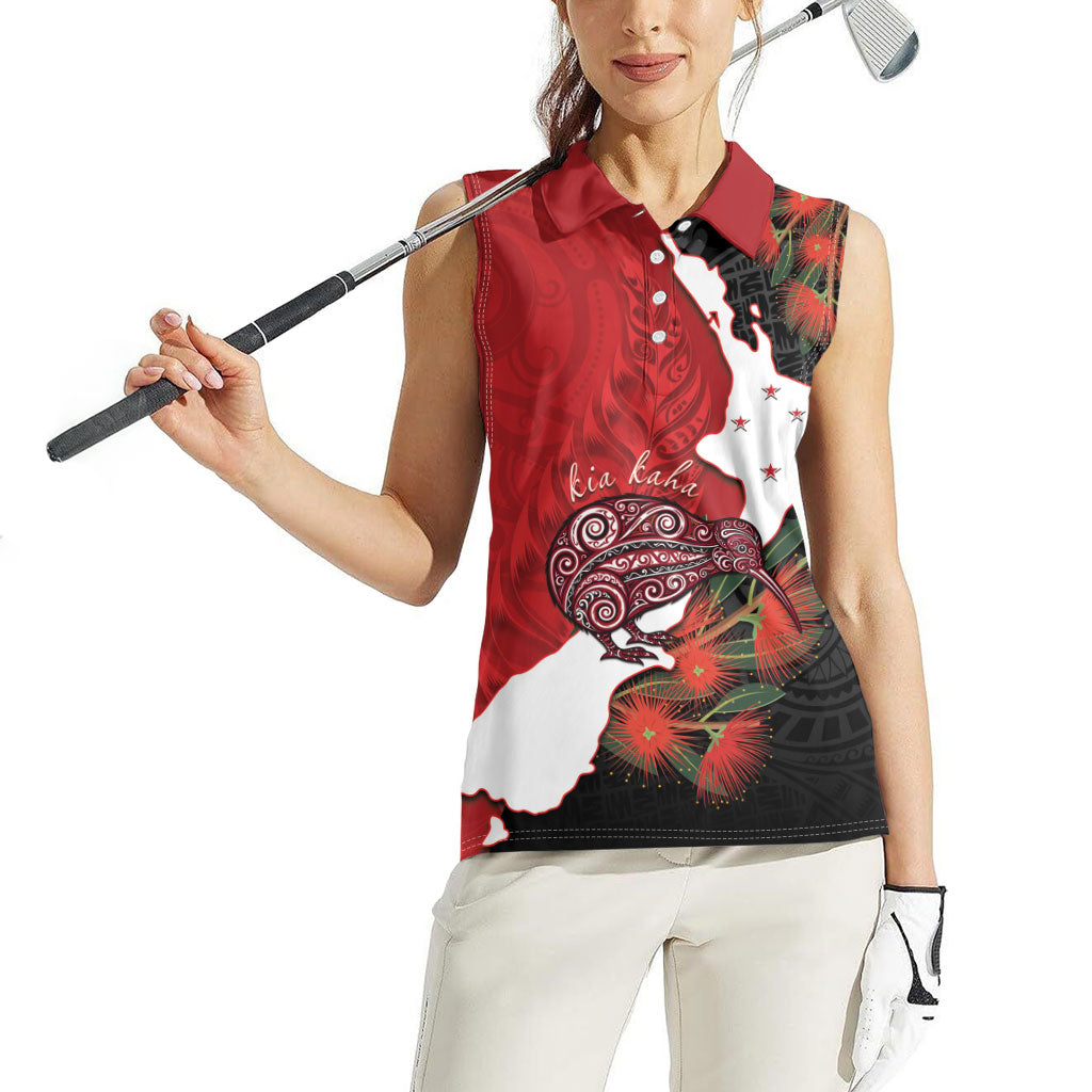 Kiwi New Zealand Personalised Women Sleeveless Polo Shirt NZ Map Pohutukawa Fern Maori Pattern