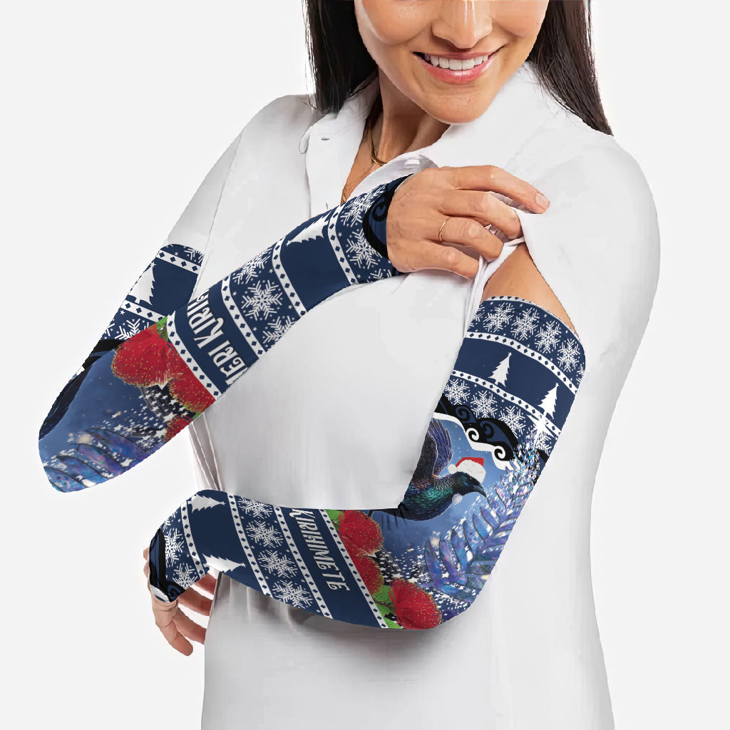 New Zealand Tui Bird Christmas Arm Sleeves Pohutukawa Xmas Tree Meri Kirihimete LT22 - Polynesian Pride