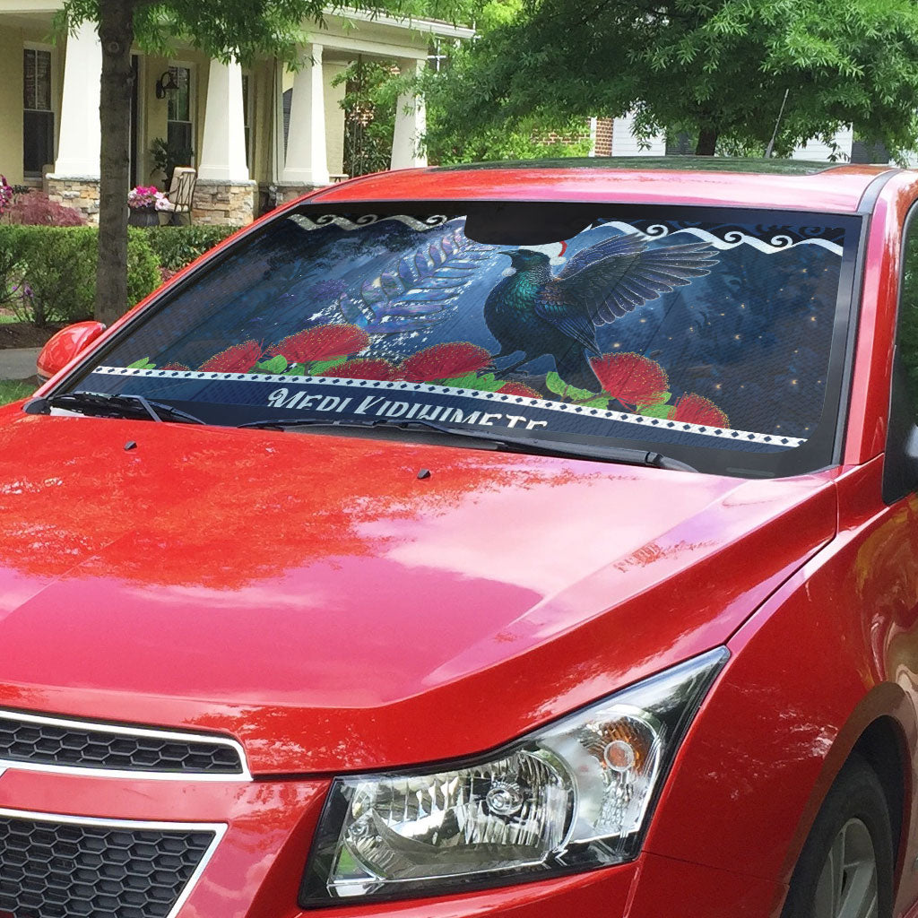 New Zealand Tui Bird Christmas Auto Sun Shade Pohutukawa Xmas Tree Meri Kirihimete LT22 - Polynesian Pride