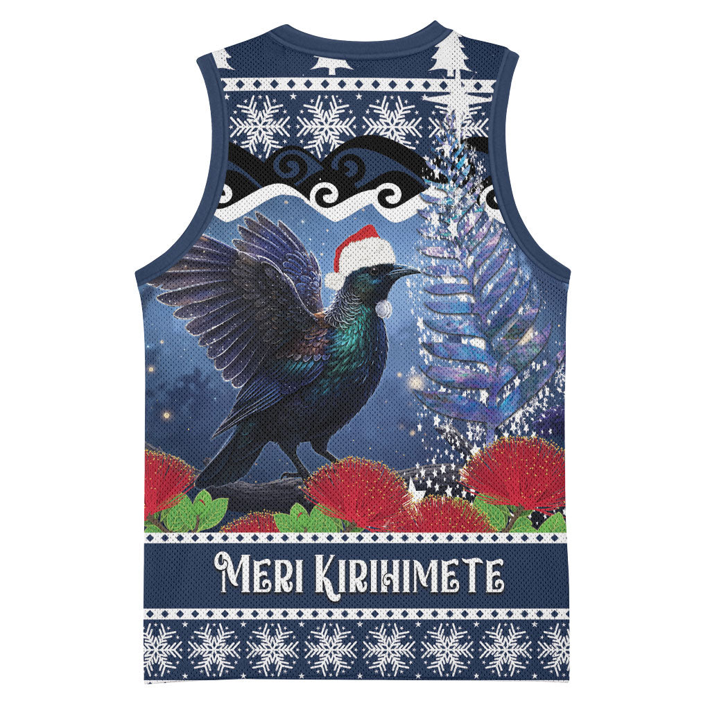 New Zealand Tui Bird Christmas Basketball Jersey Pohutukawa Xmas Tree Meri Kirihimete LT22 - Polynesian Pride