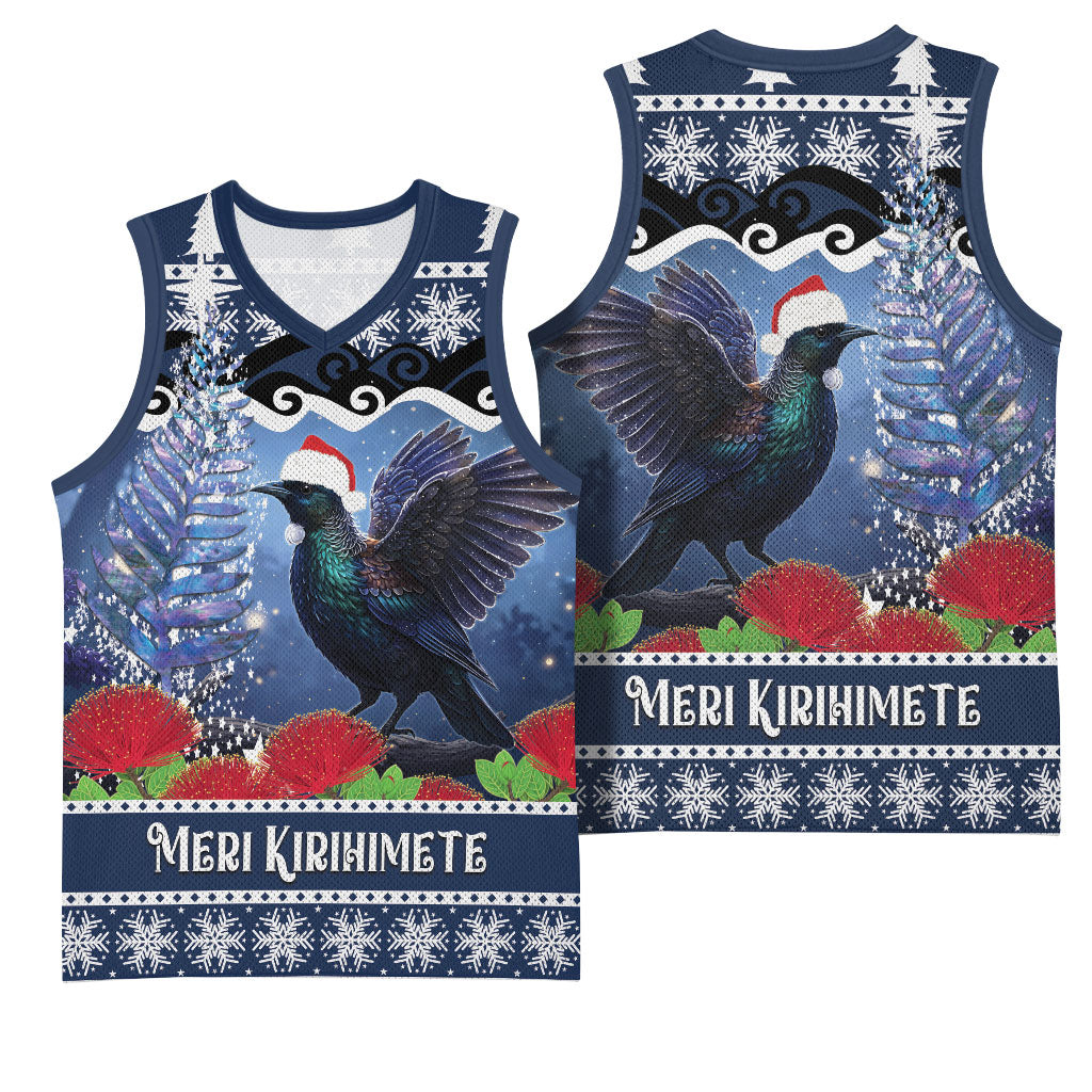 New Zealand Tui Bird Christmas Basketball Jersey Pohutukawa Xmas Tree Meri Kirihimete LT22 - Polynesian Pride