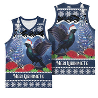 New Zealand Tui Bird Christmas Basketball Jersey Pohutukawa Xmas Tree Meri Kirihimete LT22 - Polynesian Pride