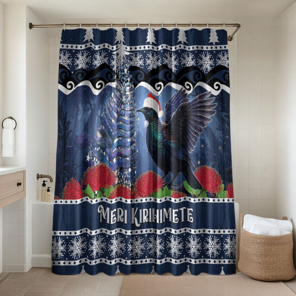 New Zealand Tui Bird Christmas Bathroom Set Pohutukawa Xmas Tree Meri Kirihimete LT22 Shower Curtain Only Blue - Polynesian Pride