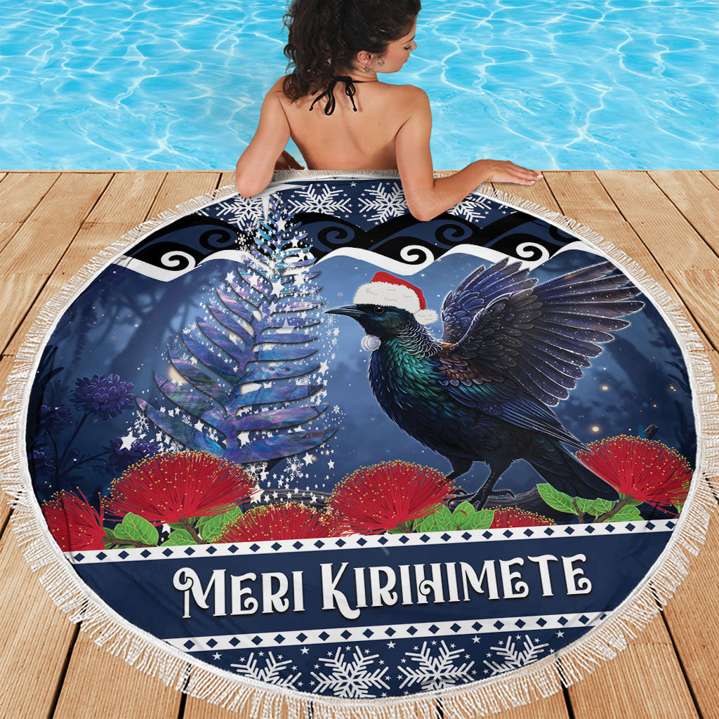 New Zealand Tui Bird Christmas Beach Blanket Pohutukawa Xmas Tree Meri Kirihimete LT22 - Polynesian Pride