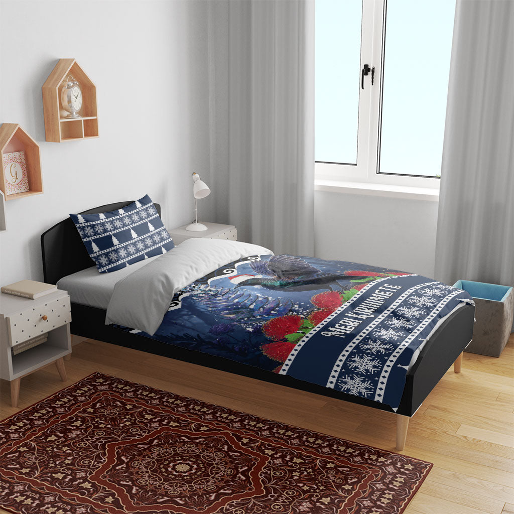 New Zealand Tui Bird Christmas Bedding Set Pohutukawa Xmas Tree Meri Kirihimete