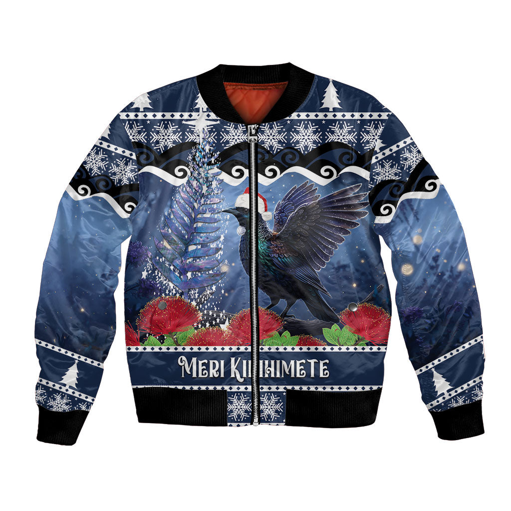 New Zealand Tui Bird Christmas Bomber Jacket Pohutukawa Xmas Tree Meri Kirihimete