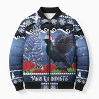 New Zealand Tui Bird Christmas Bomber Puffer Jacket Pohutukawa Xmas Tree Meri Kirihimete LT22 Unisex Blue - Polynesian Pride