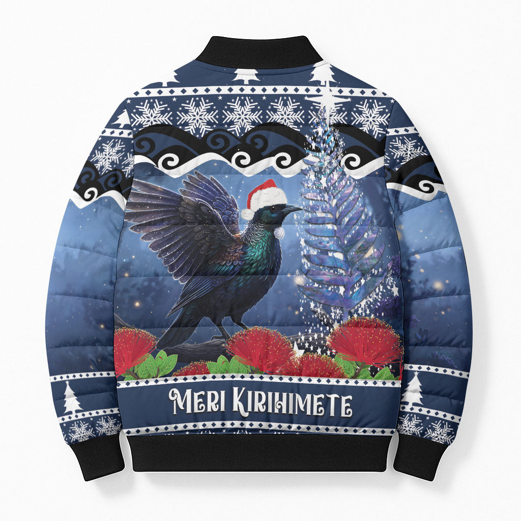 New Zealand Tui Bird Christmas Bomber Puffer Jacket Pohutukawa Xmas Tree Meri Kirihimete LT22 - Polynesian Pride