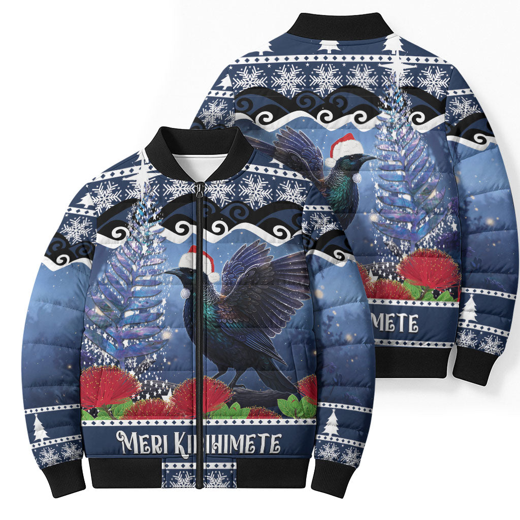 New Zealand Tui Bird Christmas Bomber Puffer Jacket Pohutukawa Xmas Tree Meri Kirihimete LT22 - Polynesian Pride