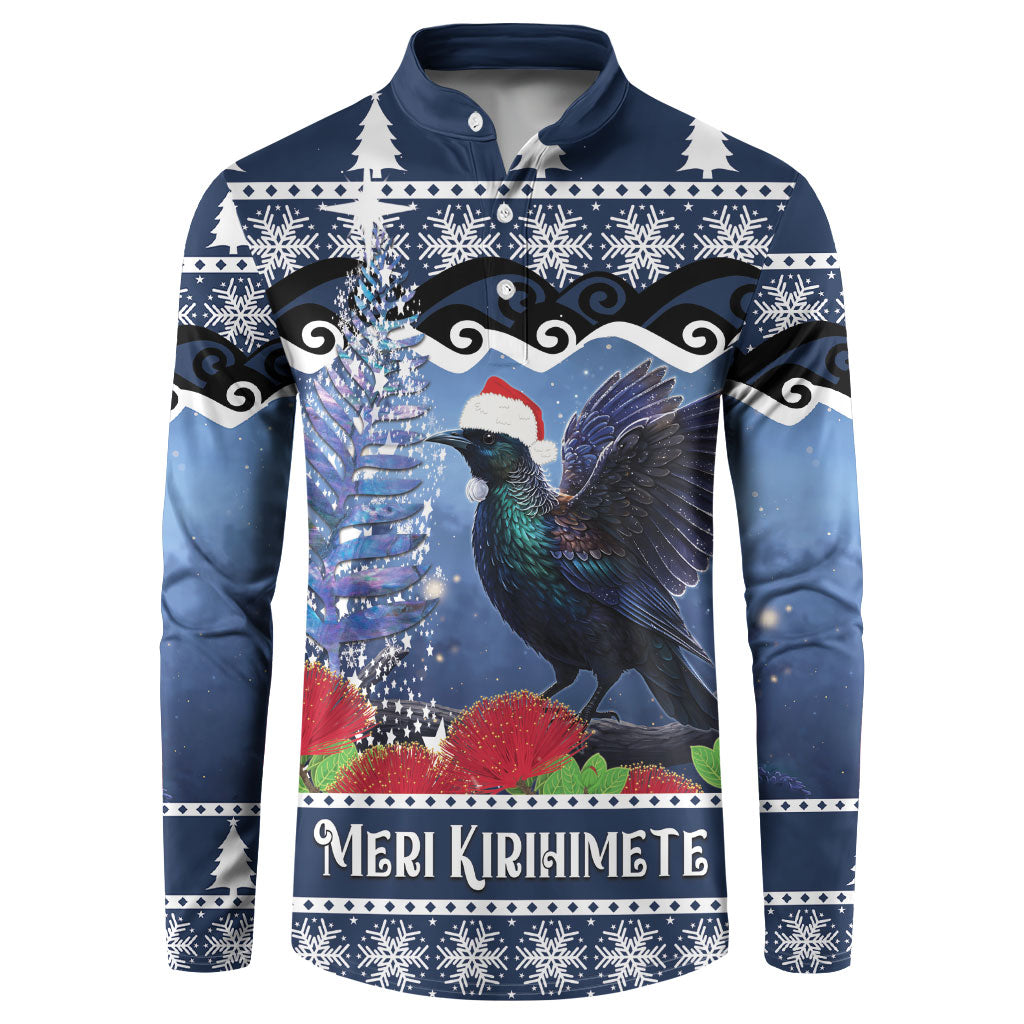 New Zealand Tui Bird Christmas Button Sweatshirt Pohutukawa Xmas Tree Meri Kirihimete LT22 Blue - Polynesian Pride
