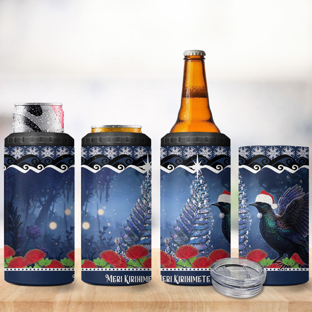 New Zealand Tui Bird Christmas 4 in 1 Can Cooler Tumbler Pohutukawa Xmas Tree Meri Kirihimete LT22 - Polynesian Pride