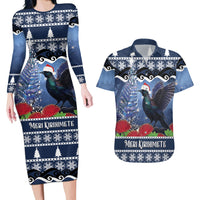 New Zealand Tui Bird Christmas Couples Matching Long Sleeve Bodycon Dress and Hawaiian Shirt Pohutukawa Xmas Tree Meri Kirihimete LT22 Blue - Polynesian Pride