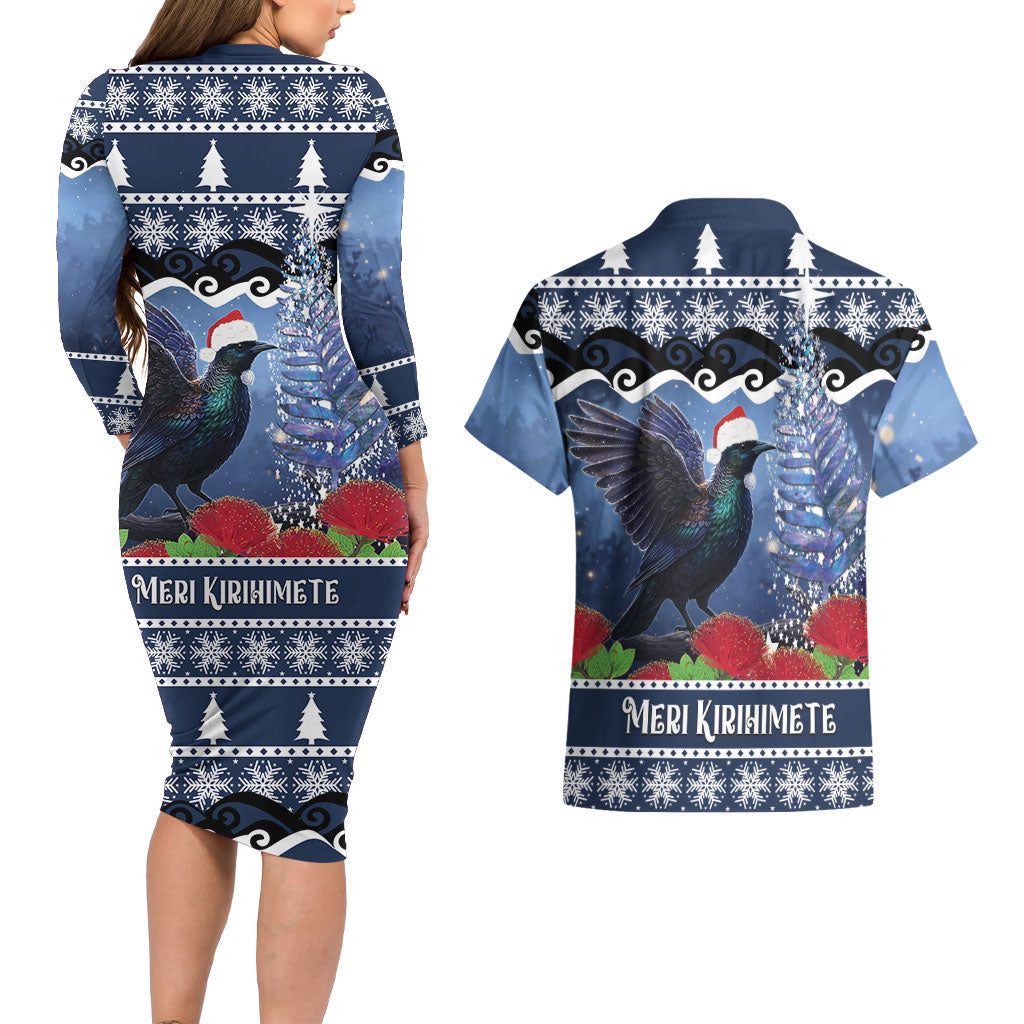 New Zealand Tui Bird Christmas Couples Matching Long Sleeve Bodycon Dress and Hawaiian Shirt Pohutukawa Xmas Tree Meri Kirihimete LT22 - Polynesian Pride