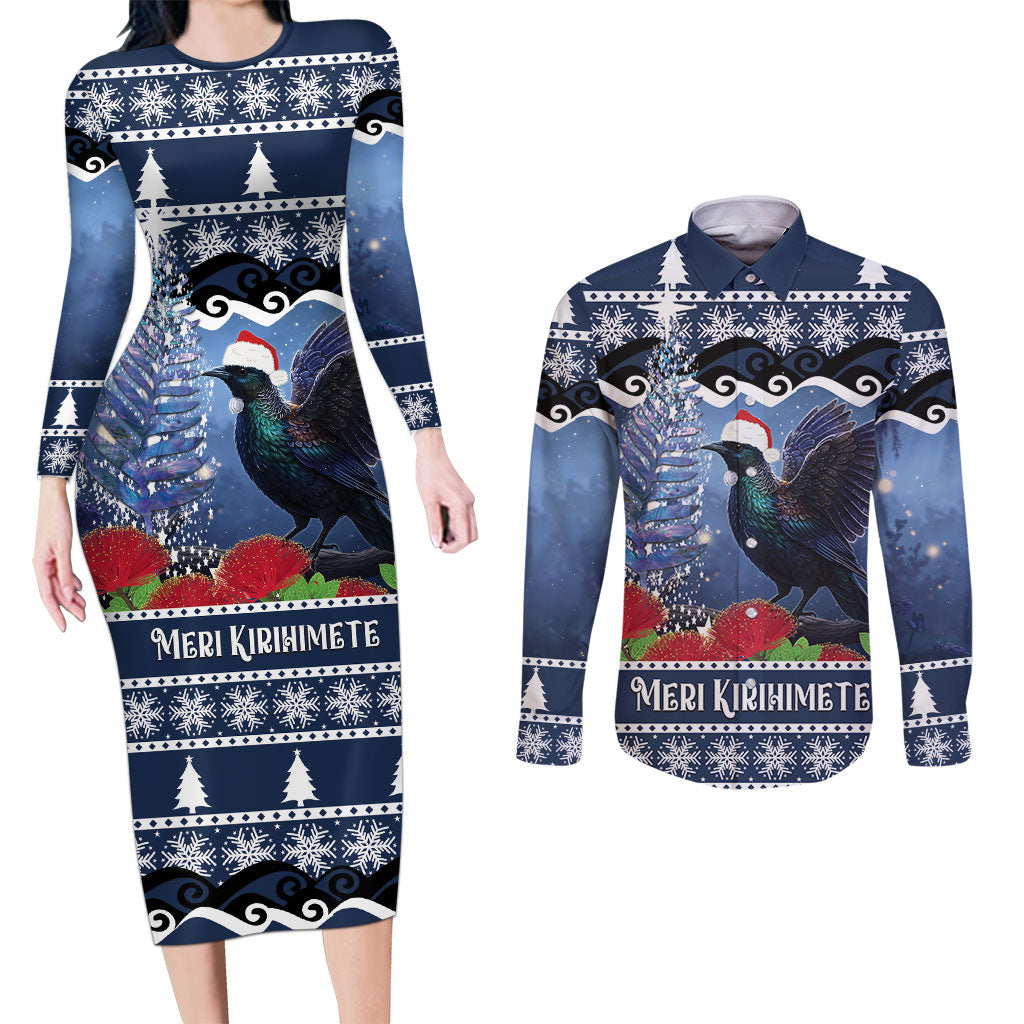 New Zealand Tui Bird Christmas Couples Matching Long Sleeve Bodycon Dress and Long Sleeve Button Shirt Pohutukawa Xmas Tree Meri Kirihimete LT22 Blue - Polynesian Pride