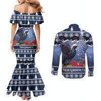 New Zealand Tui Bird Christmas Couples Matching Mermaid Dress and Long Sleeve Button Shirt Pohutukawa Xmas Tree Meri Kirihimete LT22 - Polynesian Pride