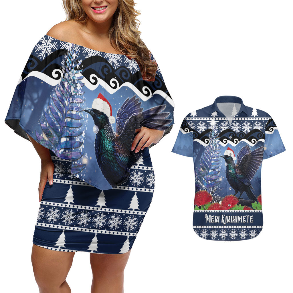 New Zealand Tui Bird Christmas Couples Matching Off Shoulder Short Dress and Hawaiian Shirt Pohutukawa Xmas Tree Meri Kirihimete LT22 Blue - Polynesian Pride