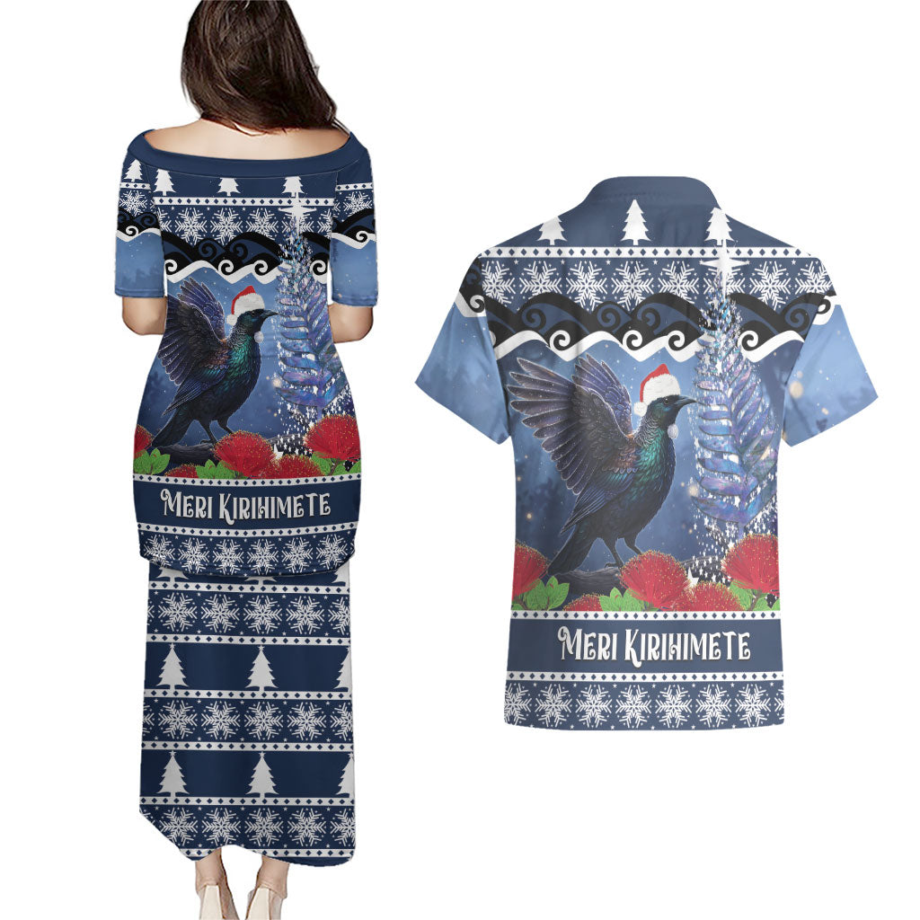 New Zealand Tui Bird Christmas Couples Matching Puletasi and Hawaiian Shirt Pohutukawa Xmas Tree Meri Kirihimete LT22 - Polynesian Pride