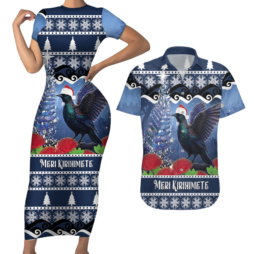 New Zealand Tui Bird Christmas Couples Matching Short Sleeve Bodycon Dress and Hawaiian Shirt Pohutukawa Xmas Tree Meri Kirihimete LT22 Blue - Polynesian Pride