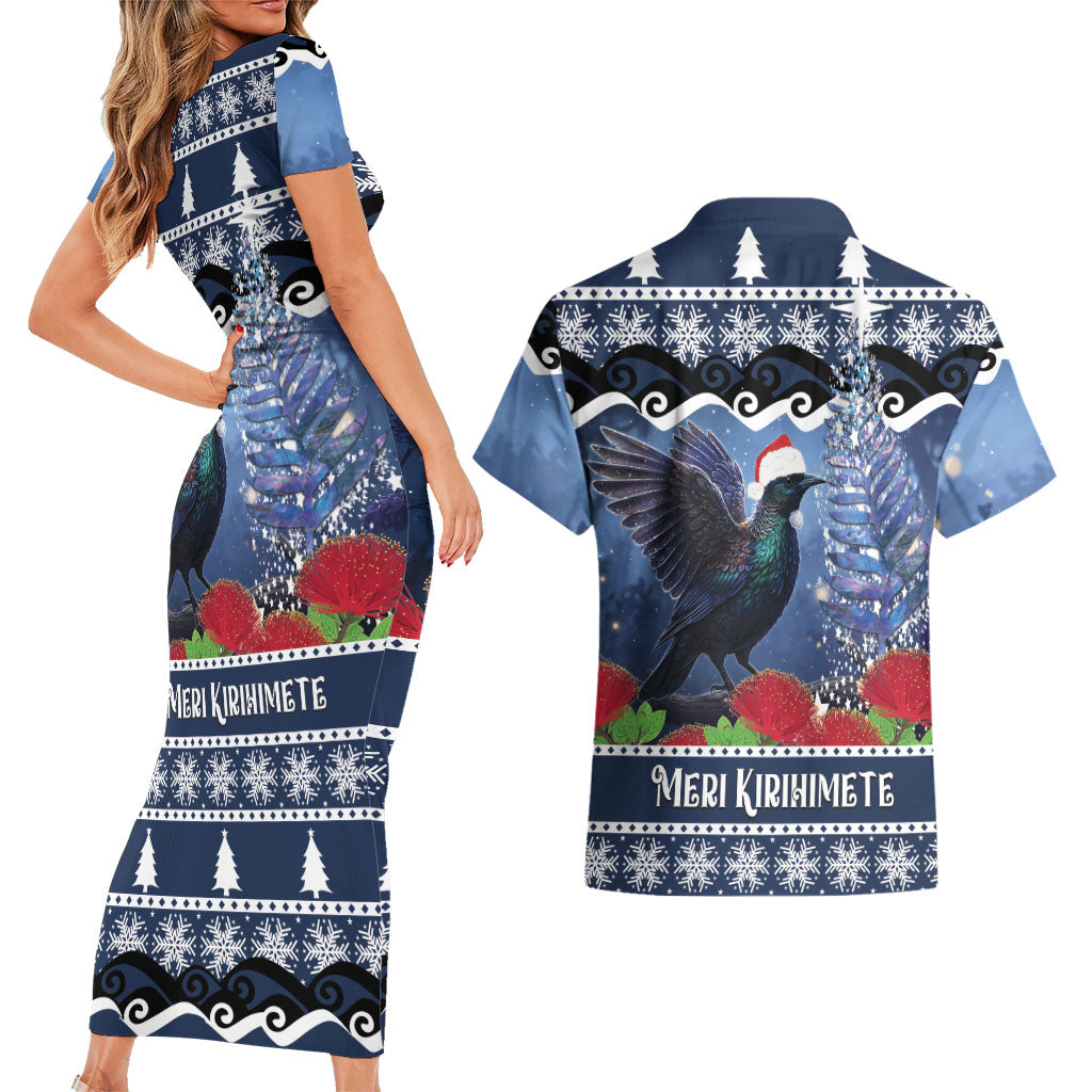 New Zealand Tui Bird Christmas Couples Matching Short Sleeve Bodycon Dress and Hawaiian Shirt Pohutukawa Xmas Tree Meri Kirihimete LT22 - Polynesian Pride